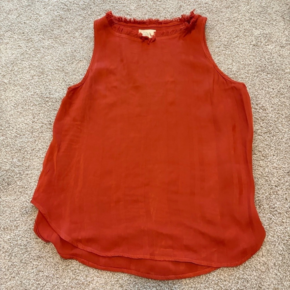 Tina‎ Jo Tank Womens S Orange Fringe Satin Flowy Boho Casual Rayon